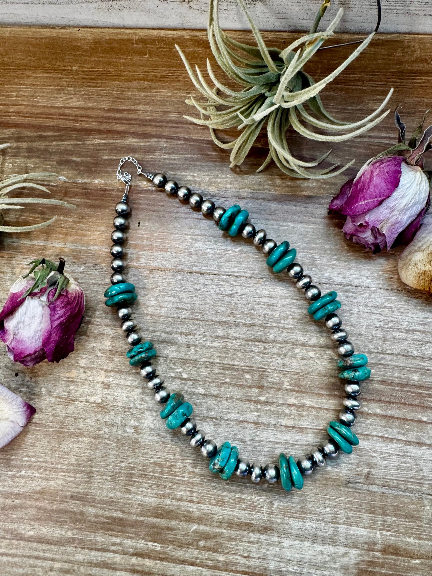 NFR Collection Necklace – 8mm & 10mm Sterling Silver Pearls with 16mm Green Turquoise Rondelle – Handmade by The Bijoux FAB – 16.5"