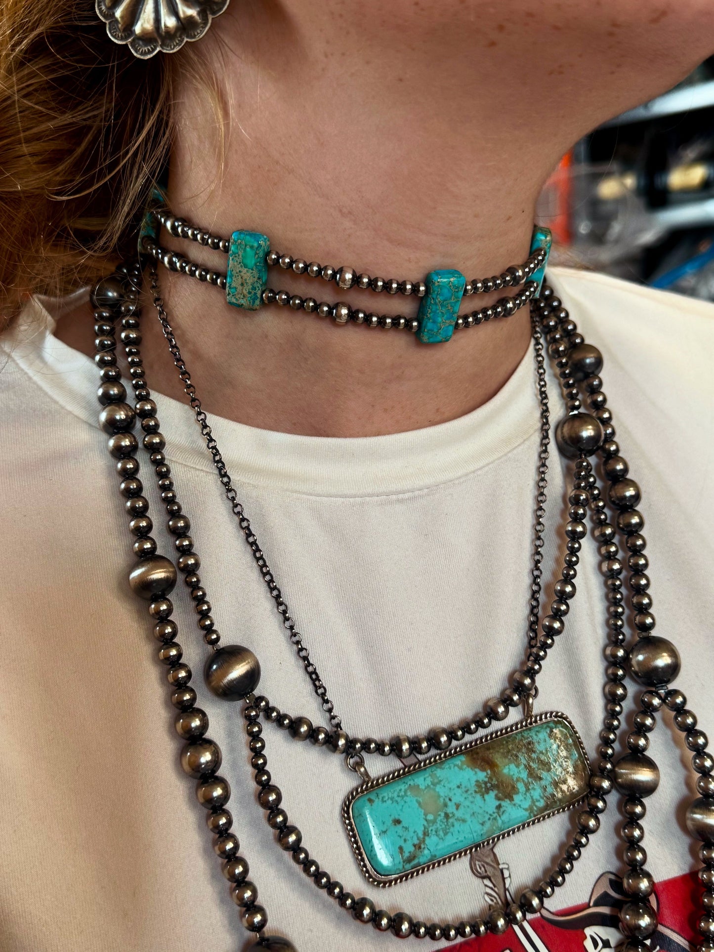 Pink Double Strand Necklace – 13” Beaded – Sterling Silver Pearls & Rectangle Variscite Turquoise