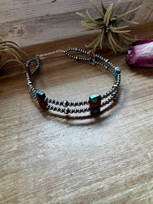 Pink/turquoise Double Strand Necklace – 13” Beaded – Sterling Silver Pearls & Rectangle Variscite Turquoise