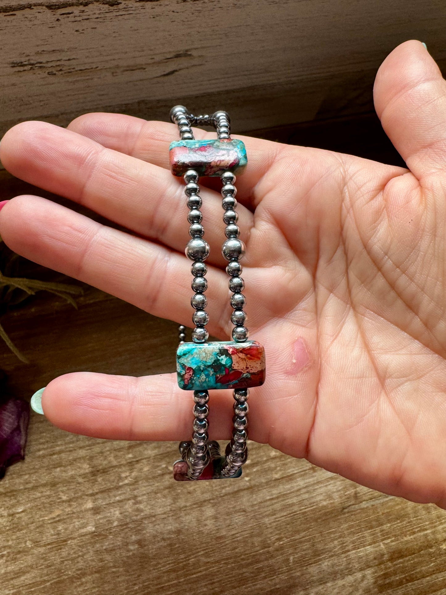 Pink/turquoise Double Strand Necklace – 13” Beaded – Sterling Silver Pearls & Rectangle Variscite Turquoise