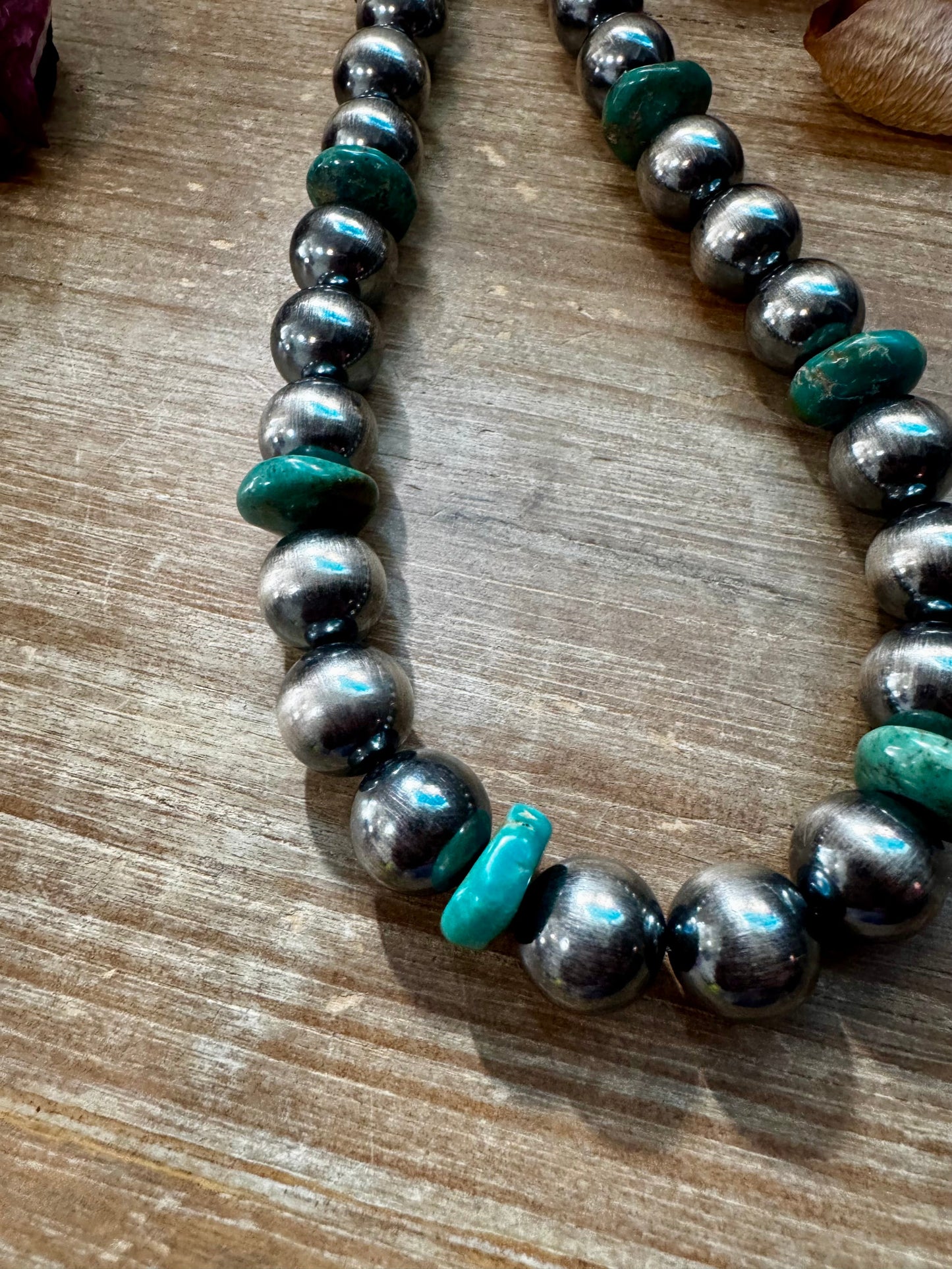 NFR Collection Necklace – 14mm Sterling Silver Pearls with 16mm Green Turquoise Rondelles –  28.5"