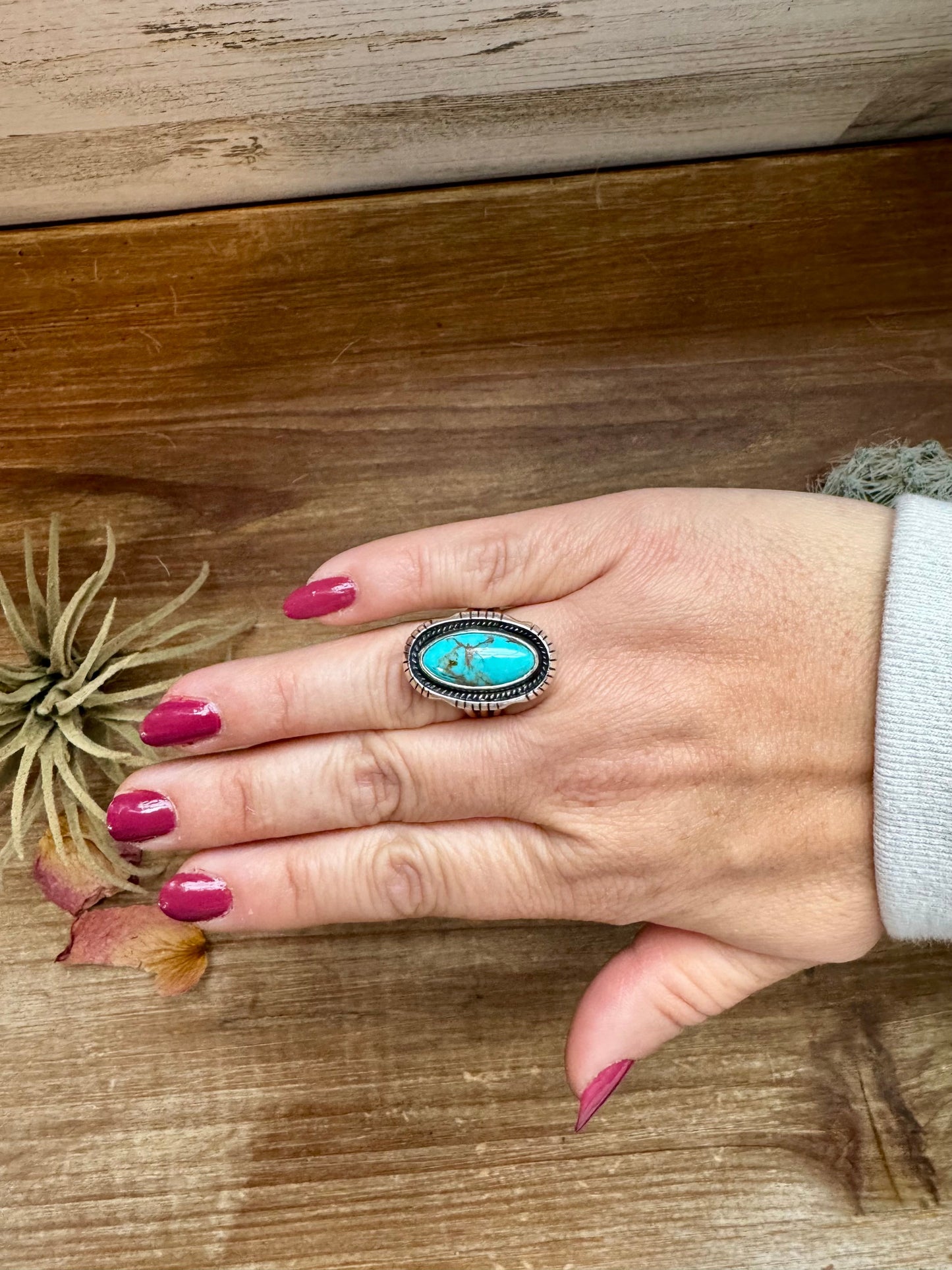 Long Ring- size 8- Kingman turquoise ring and sterling silver