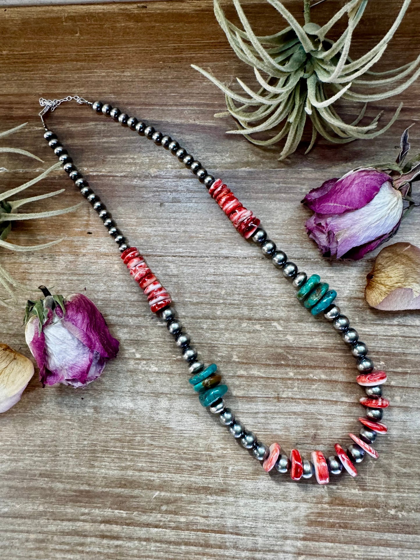 NFR Collection Necklace – Sterling Silver Pearls with Red Spiny Oyster & Green Turquoise – 21"