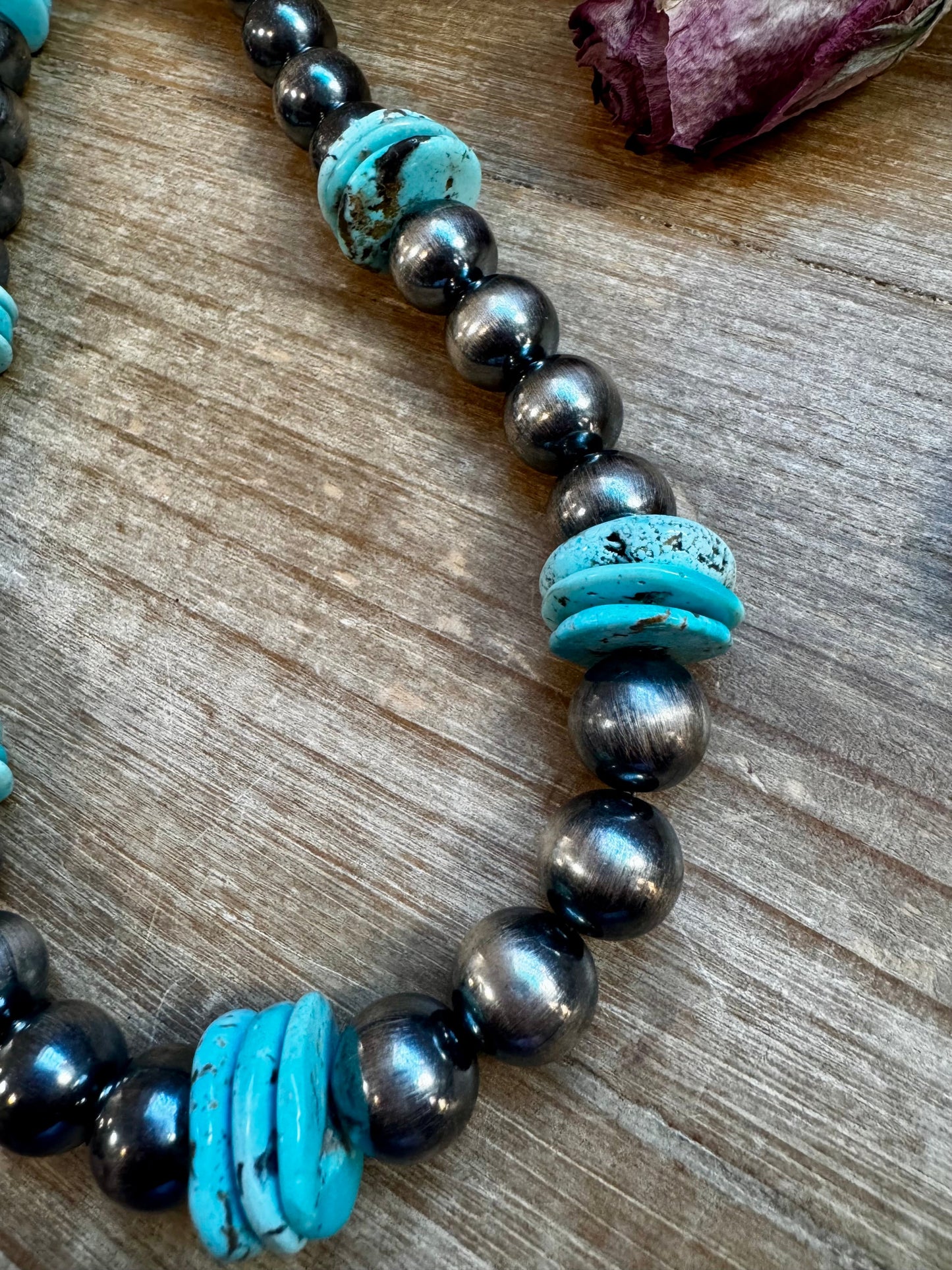 NFR Collection Necklace – 8mm & 14mm Sterling Silver Pearls with 20mm Turquoise Disc – Handmade by The Bijoux FAB – 23.5"