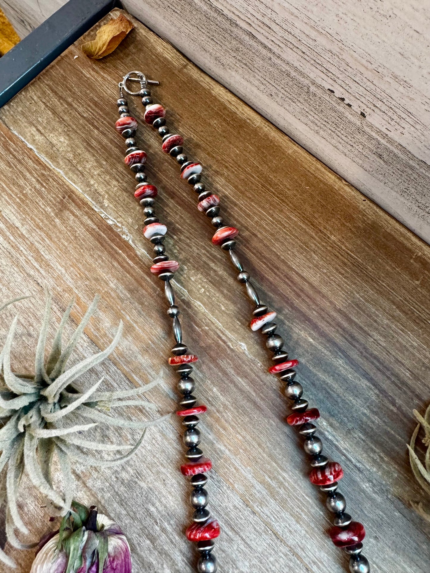NFR Collection Necklace – Sterling Silver Torpedo Pearls with Red Spiny Oyster – Handmade by The Bijoux FAB – 39"