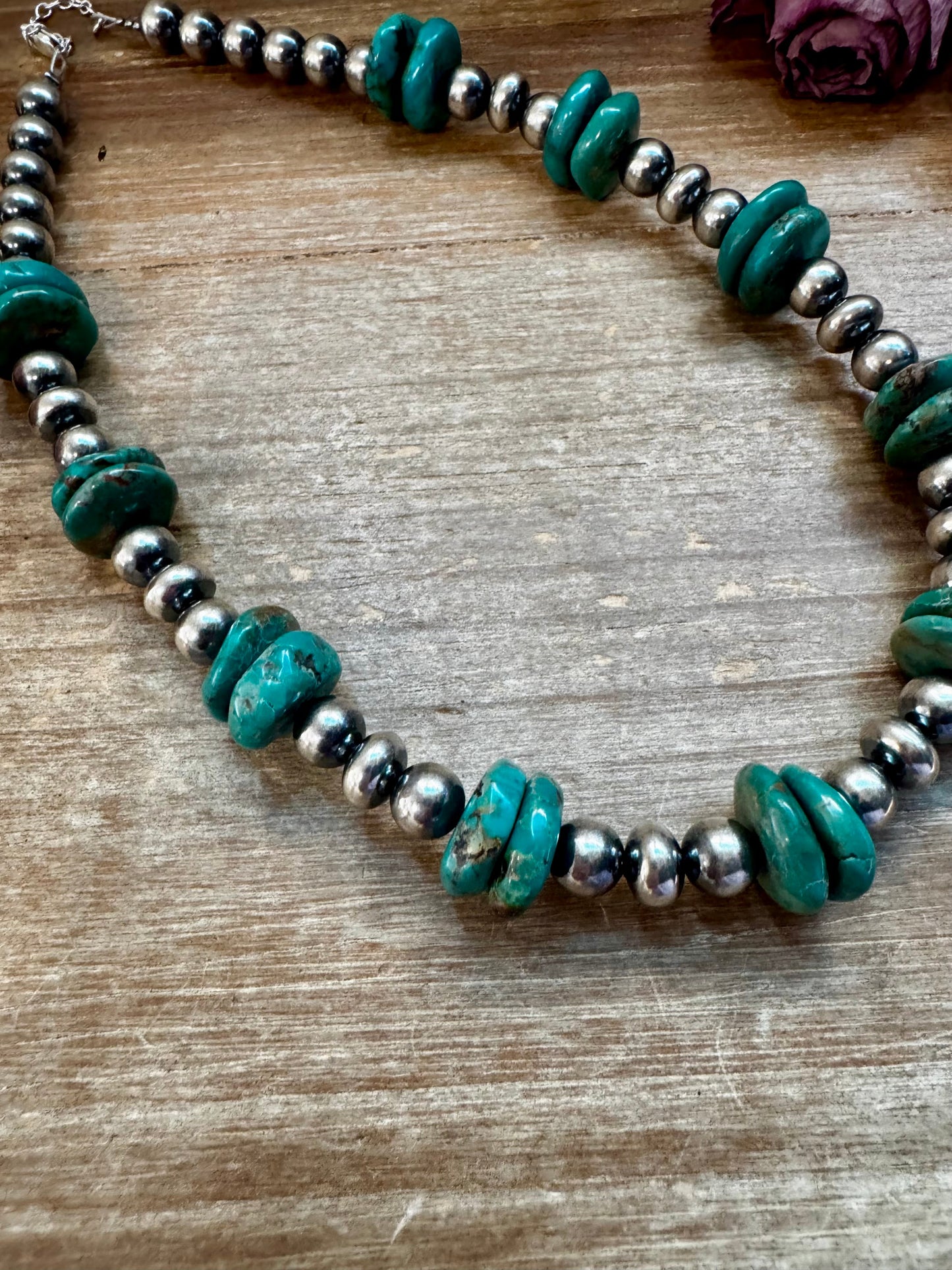 NFR Collection Necklace – 8mm & 10mm Sterling Silver Pearls with 16mm Green Turquoise Rondelle – Handmade by The Bijoux FAB – 16.5"
