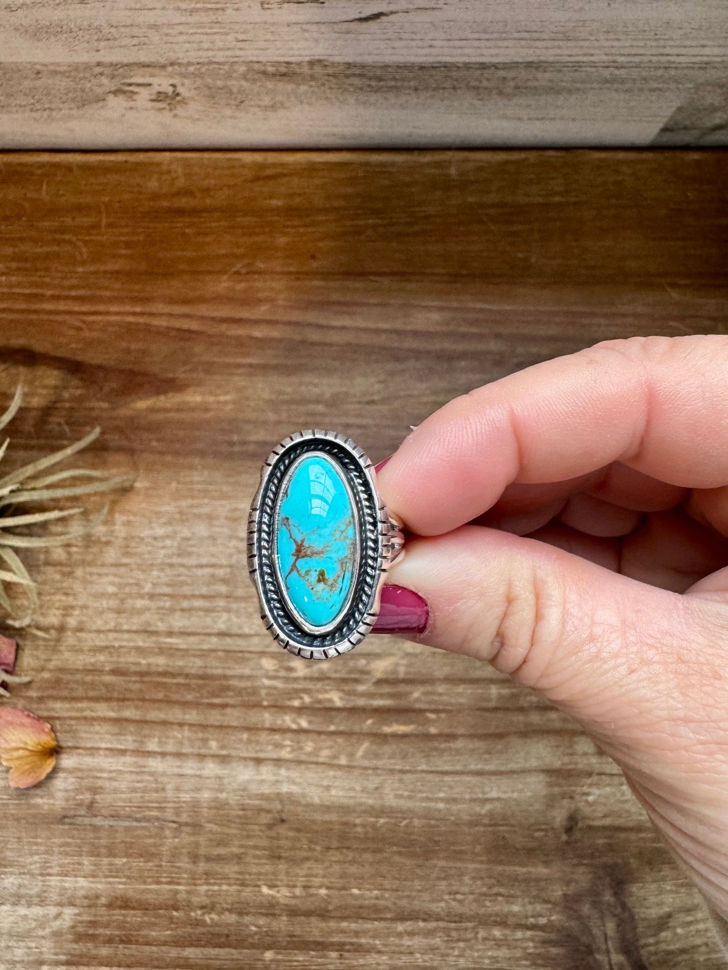 Long Ring- size 8- Kingman turquoise ring and sterling silver