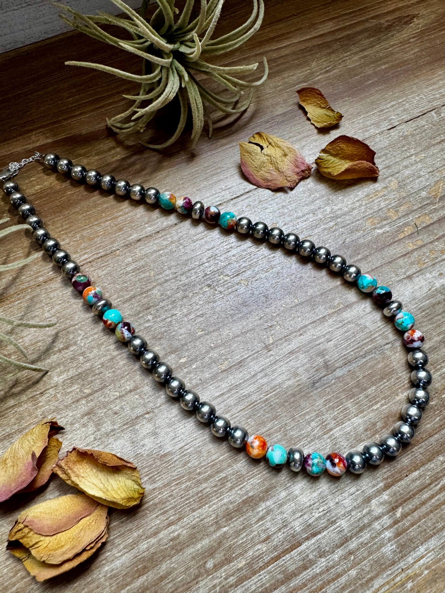 Mohave Turquoise Mix & Sterling Silver Necklace – 8 mm Beads – 19 Inch + Extender