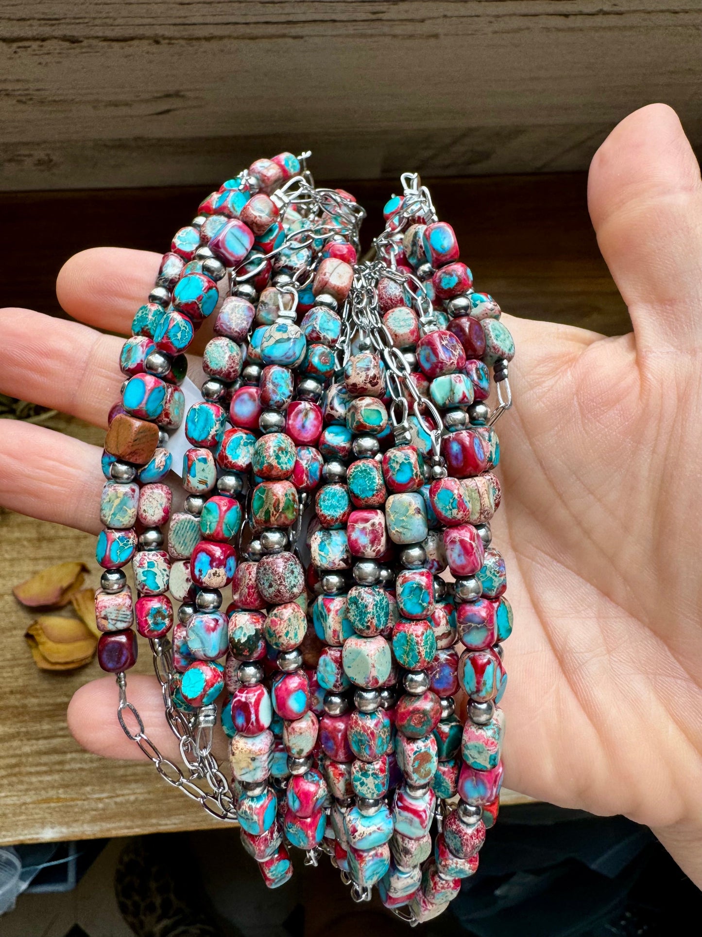 Paperclip Chain Necklace – 4mm Sterling Silver Pearls & Pink-Blue Sea Sediment – 16.5"