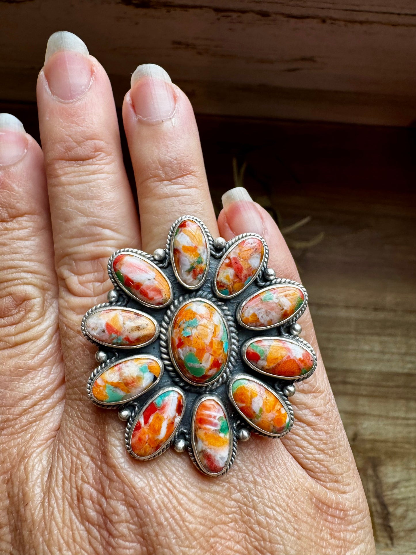 Mojave Spiny & Turquoise Flower Adjustable Ring – Sterling Silver, Made in USA