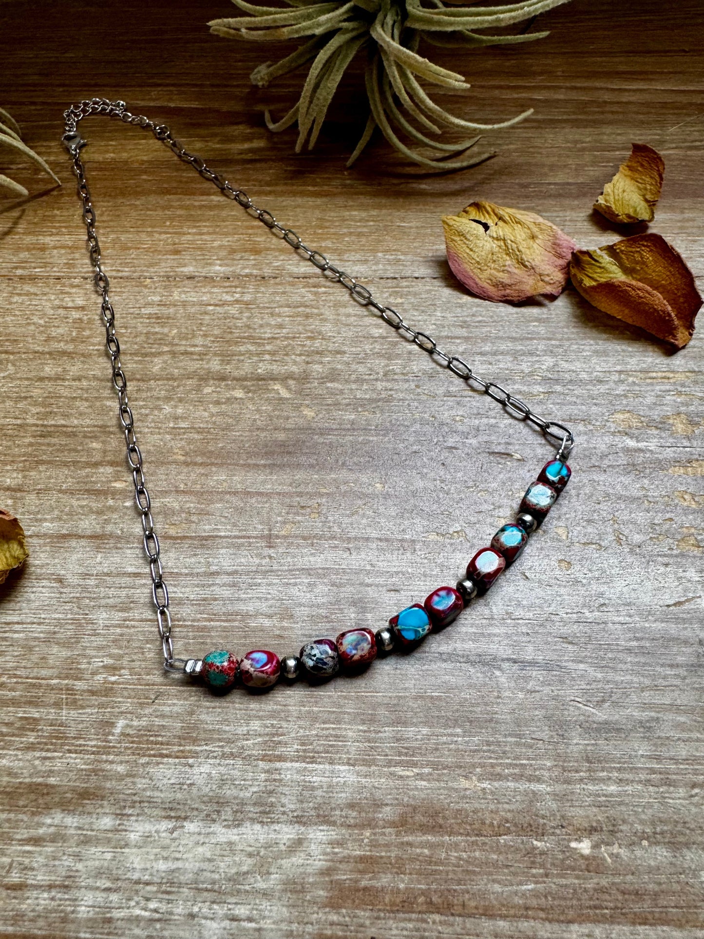 Paperclip Chain Necklace – 4mm Sterling Silver Pearls & Pink-Blue Sea Sediment – 16.5"