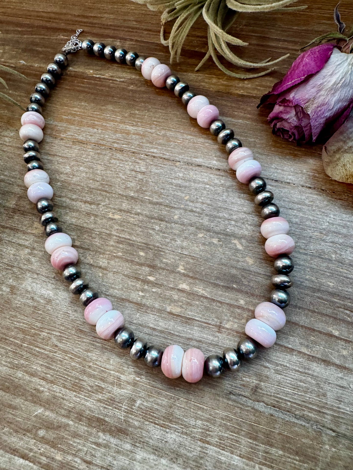 NFR Collection Necklace – 8mm Sterling Silver Pearls with 10mm Pink Conch Rondelles – Handmade by The Bijoux FAB – 19"