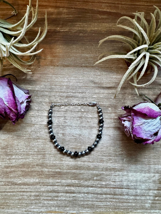 Black Onyx & Sterling Silver Pearl Bracelet – 5mm