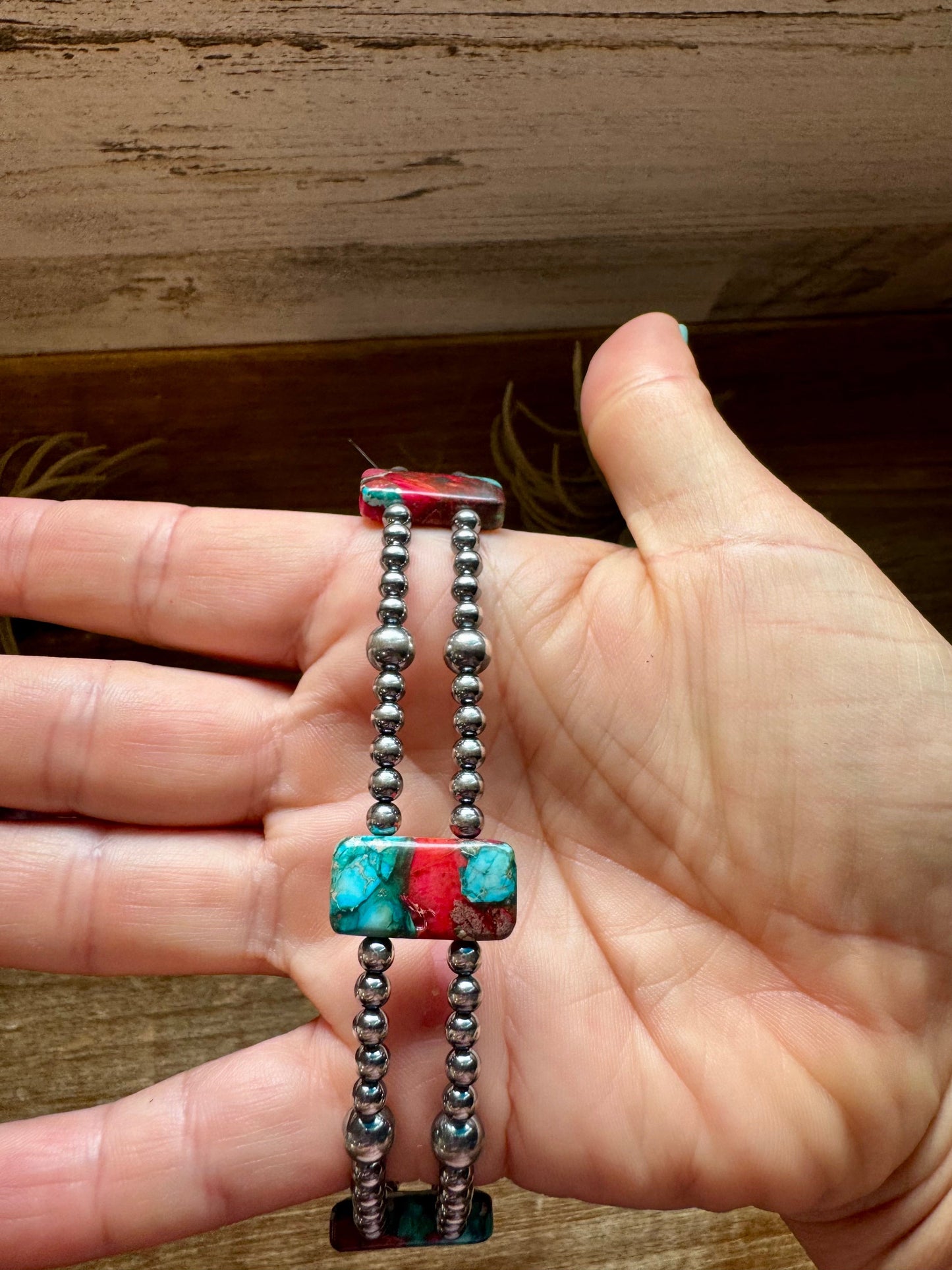 Pink/turquoise Double Strand Necklace – 13” Beaded – Sterling Silver Pearls & Rectangle Variscite Turquoise