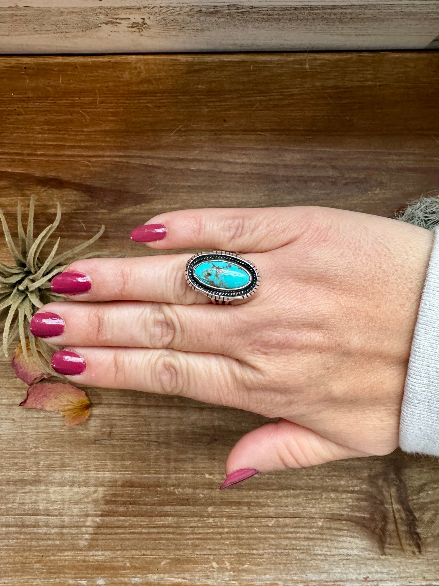 Long Ring- size 8- Kingman turquoise ring and sterling silver