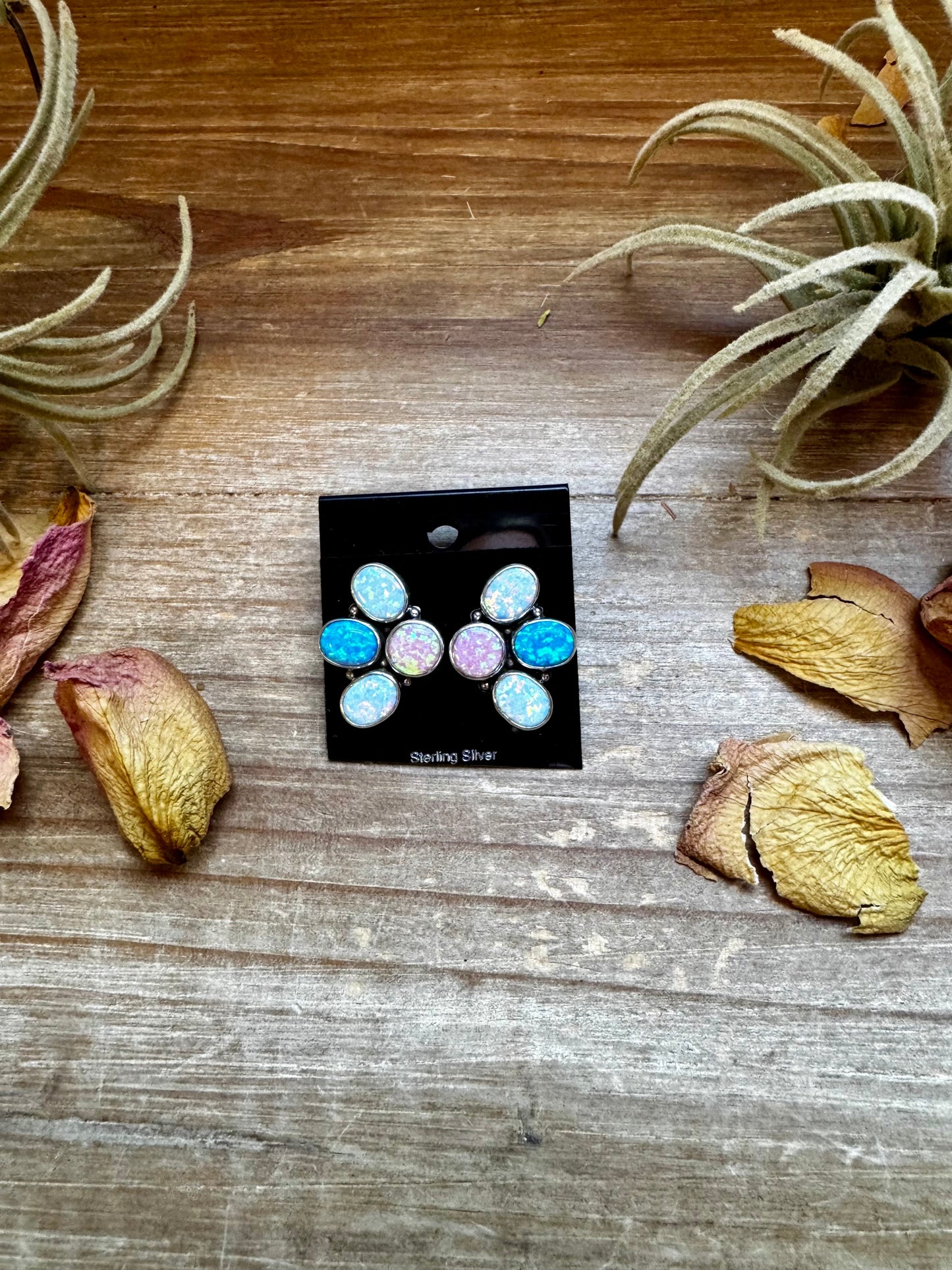 Triple Opal Half-Cluster Stud Earrings – Pink, Blue & White Opal in Sterling Silver
