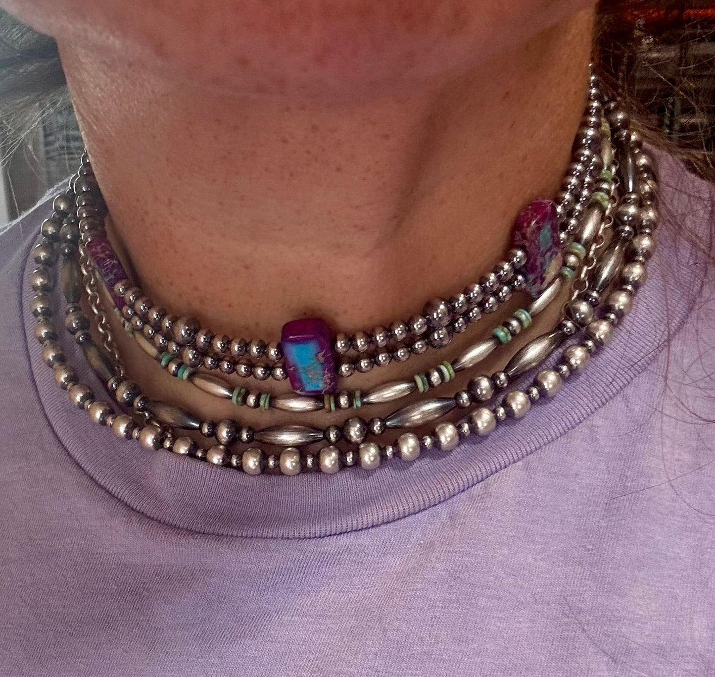 Purple Double Strand Necklace – 13” Beaded – Sterling Silver Pearls & Rectangle Variscite Turquoise