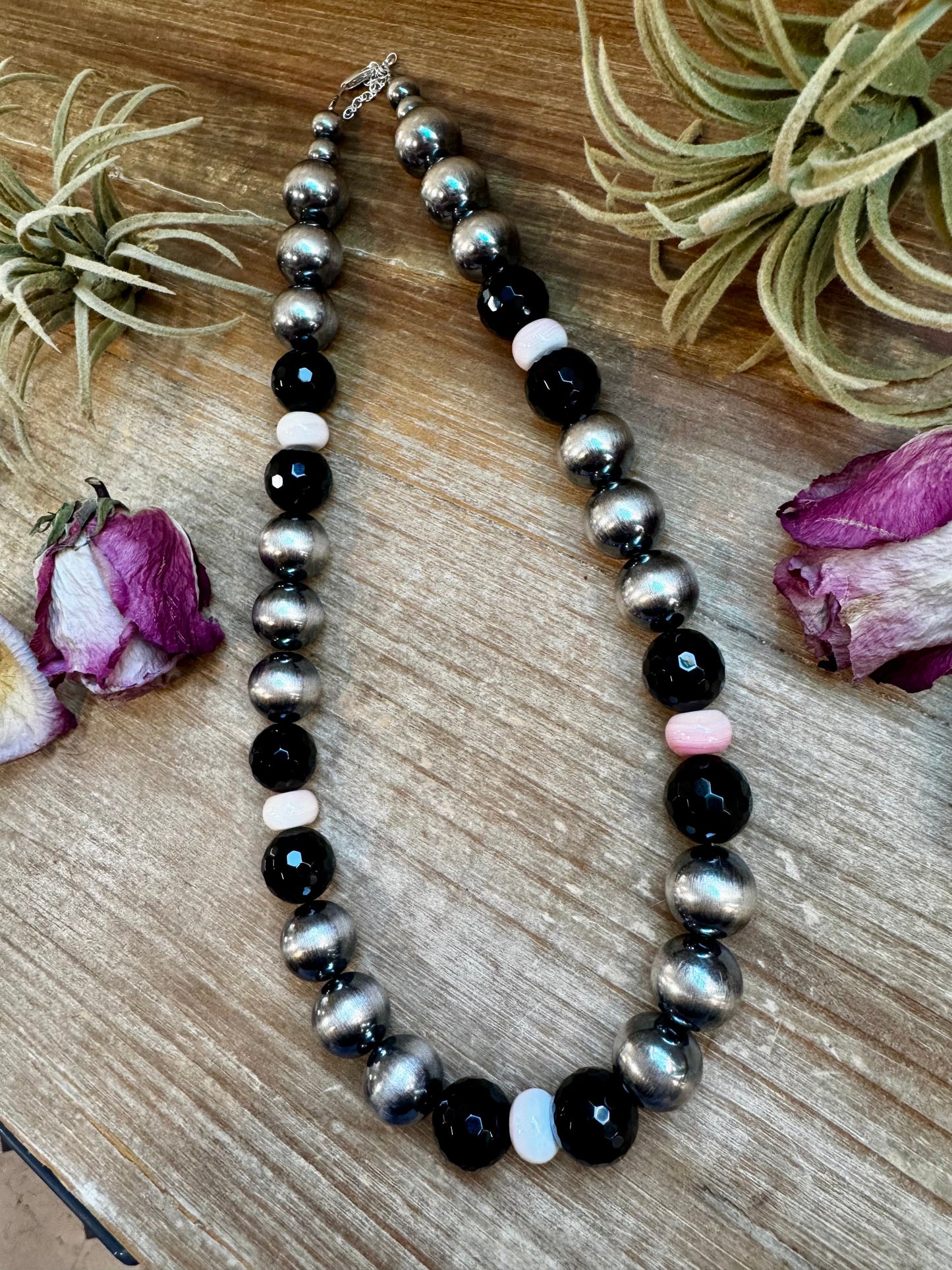 NFR Collection Necklace – 8mm & 16mm Sterling Silver Pearls with Faceted Black Onyx & Pink Conch – Handmade by The Bijoux FAB – 21"