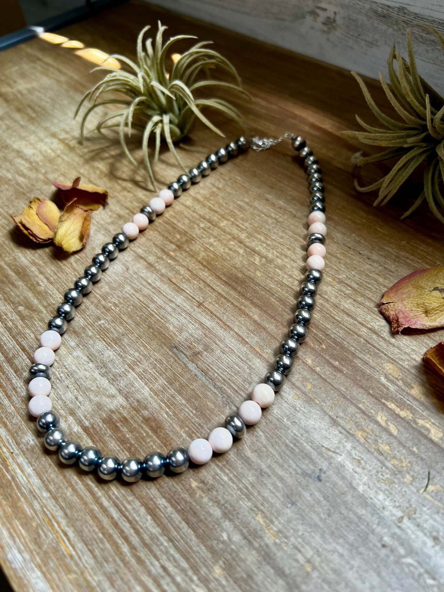 Pink Conch & Sterling Silver Necklace – 8 mm Pearls – 19 Inch + Extender