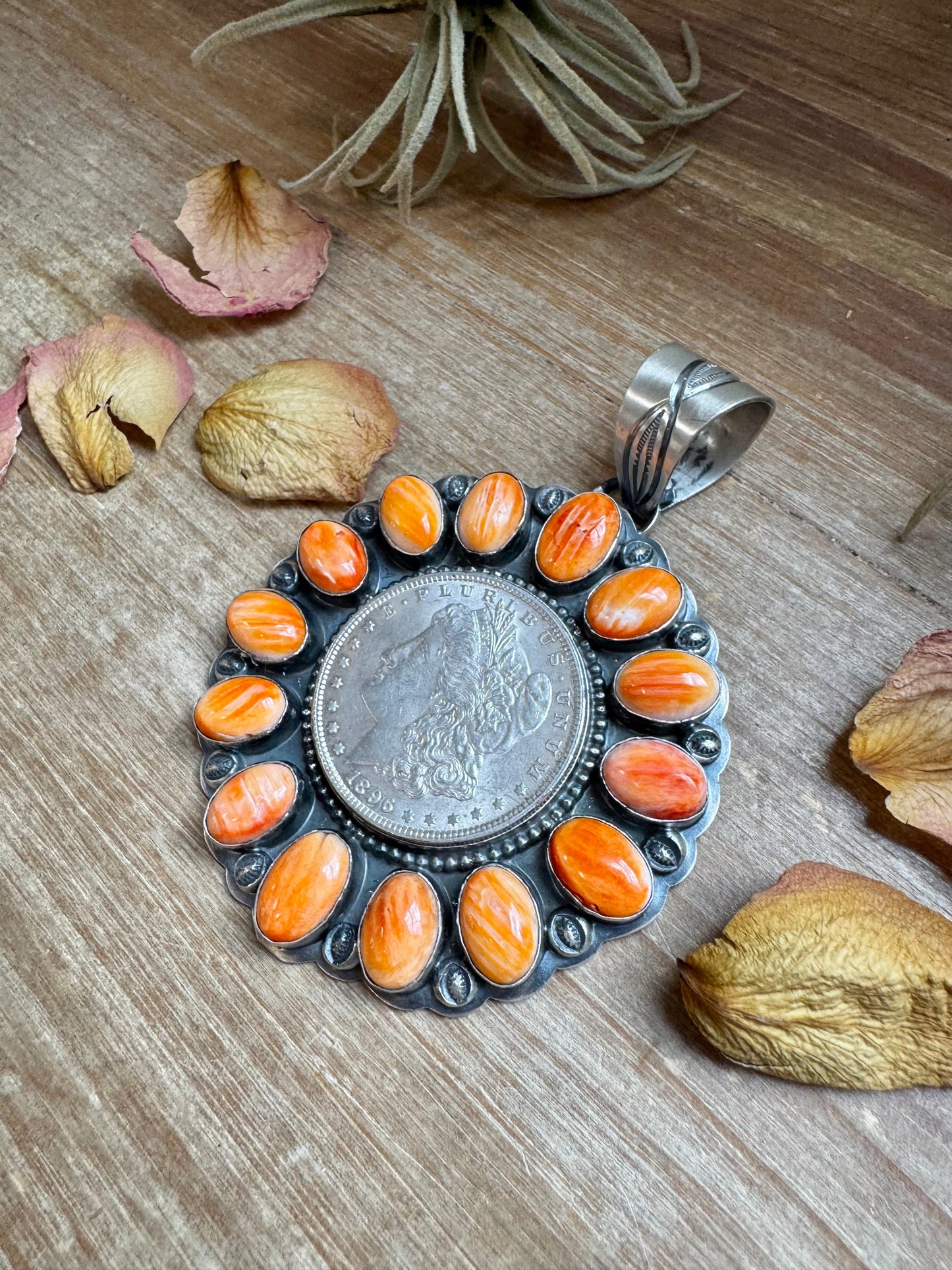 Orange Spiny Oyster & Silver Coin Pendant – Signed by Gabby