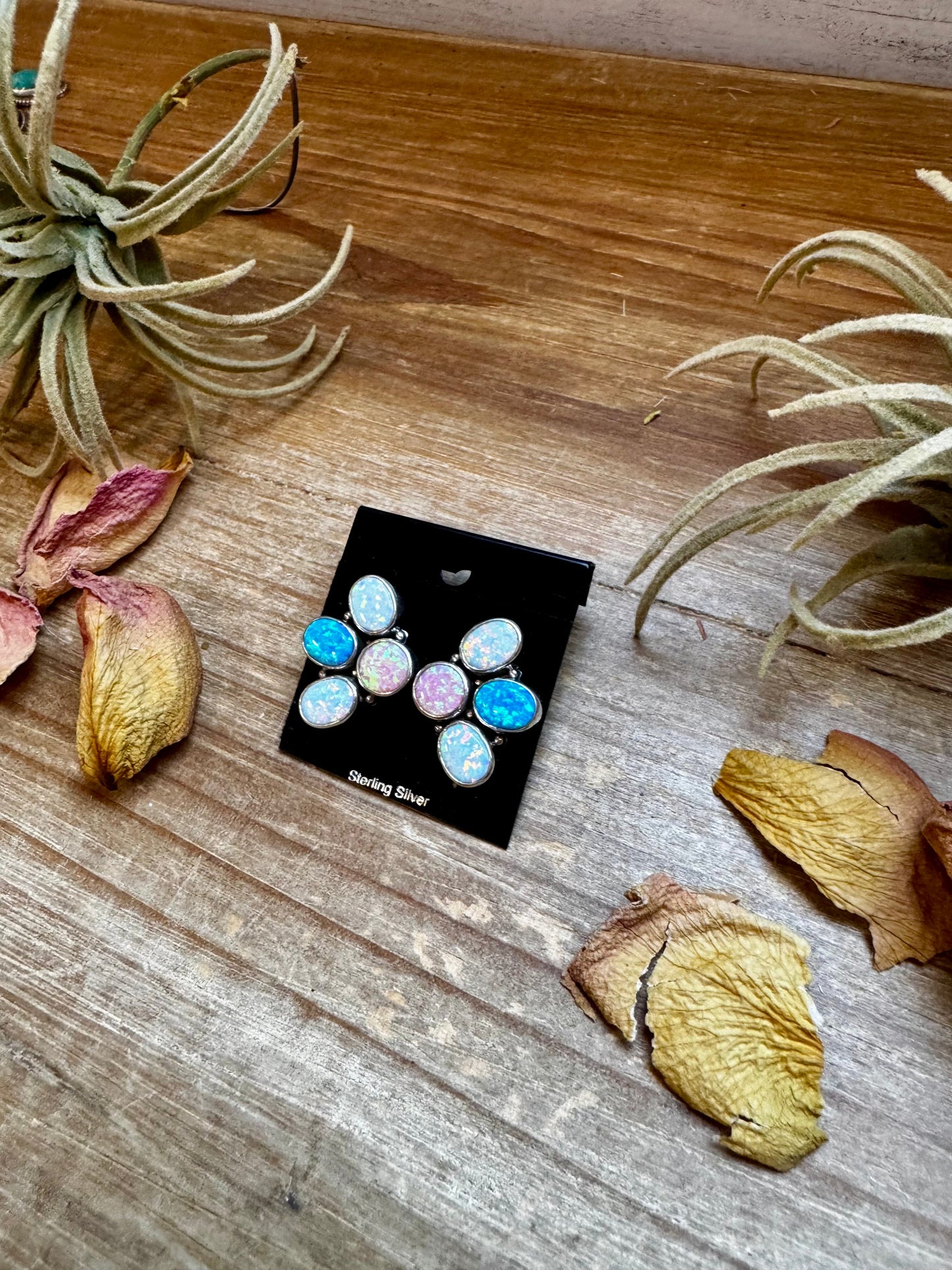 Triple Opal Half-Cluster Stud Earrings – Pink, Blue & White Opal in Sterling Silver