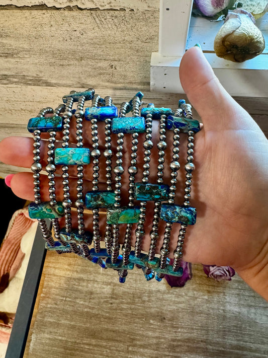 Pink/Navy Double Strand Necklace – 13” Beaded – Sterling Silver Pearls & Rectangle Variscite Turquoise