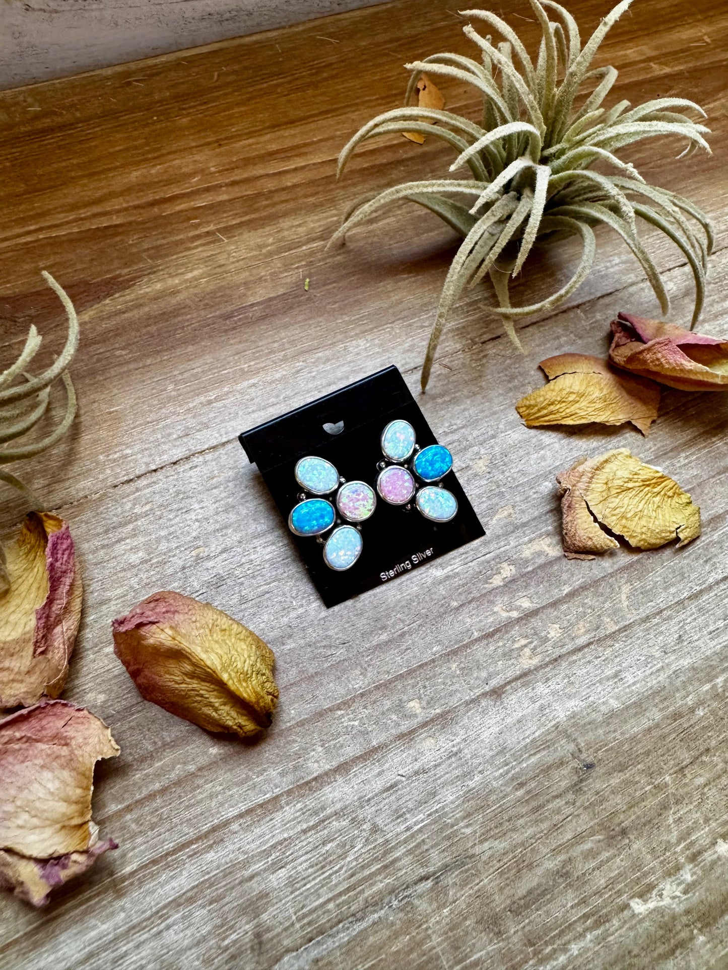 Triple Opal Half-Cluster Stud Earrings – Pink, Blue & White Opal in Sterling Silver