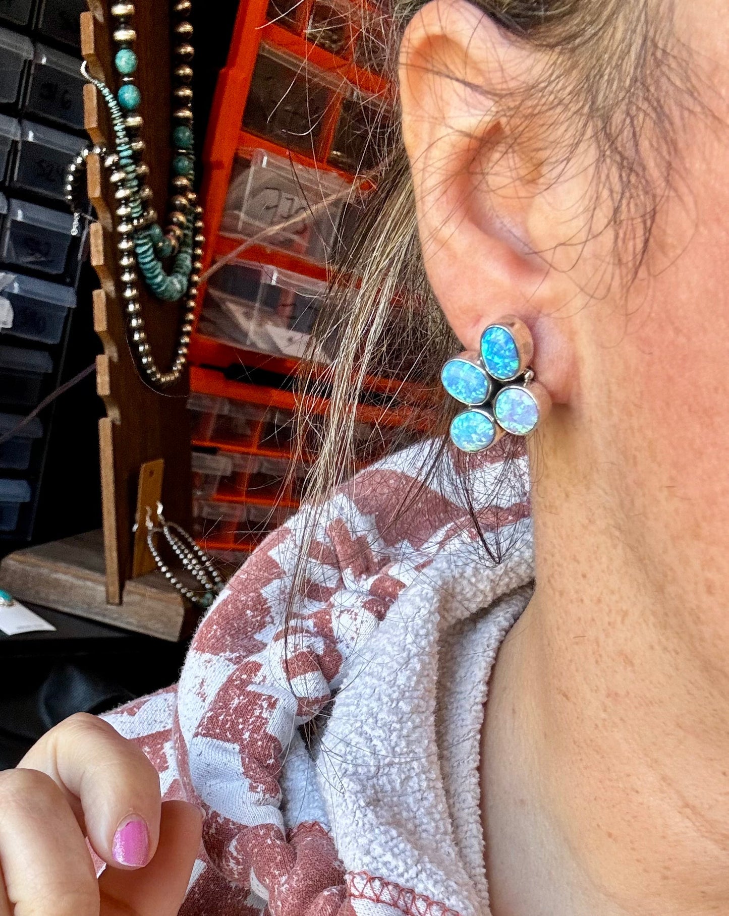 Triple Opal Half-Cluster Stud Earrings – Pink, Blue & White Opal in Sterling Silver