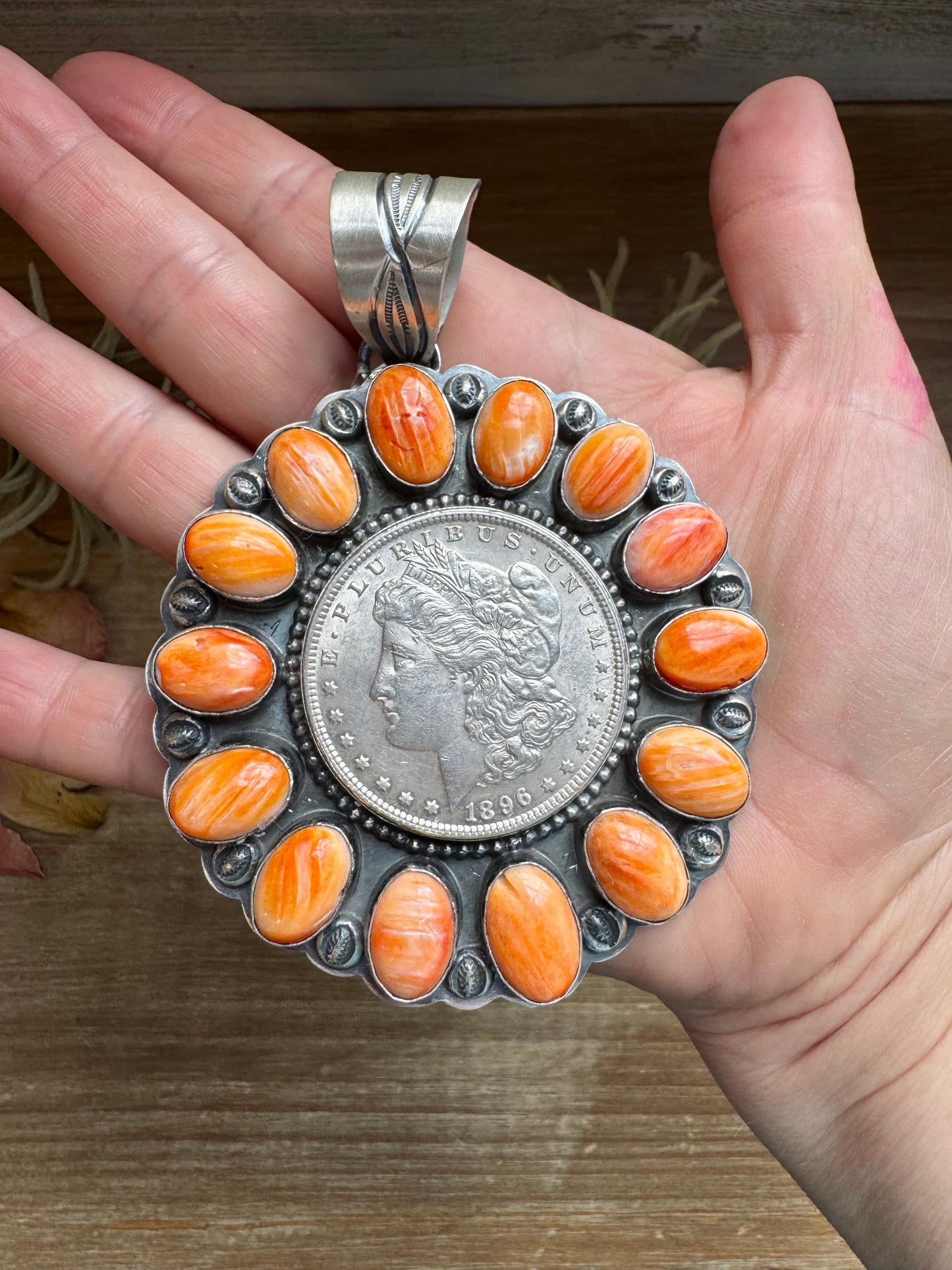 Orange Spiny Oyster & Silver Coin Pendant – Signed by Gabby