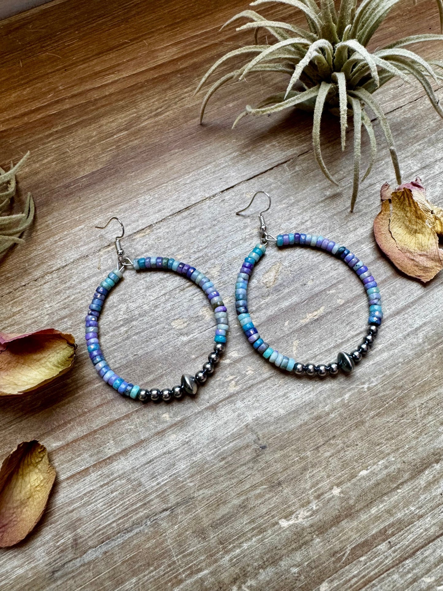 Hoop Earrings with Purple Dolomite Heishi & Sterling Silver Pearls