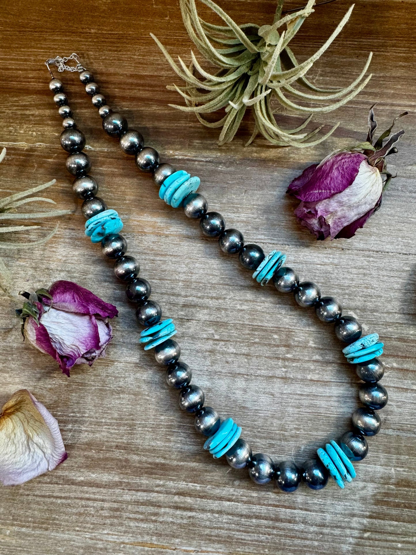 NFR Collection Necklace – 8mm & 14mm Sterling Silver Pearls with 20mm Turquoise Disc – Handmade by The Bijoux FAB – 23.5"