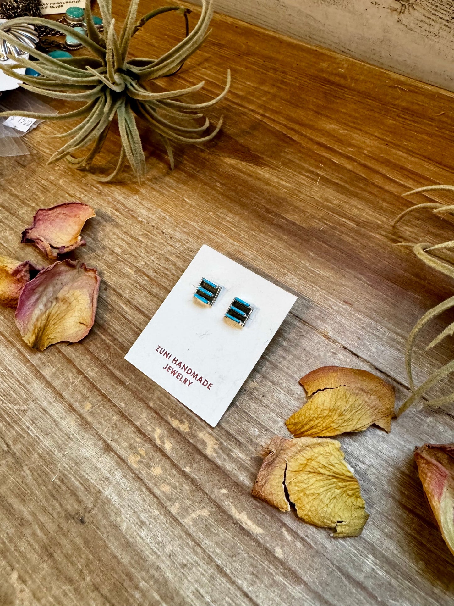 Zuni-Made Kingman Turquoise Square Stud Earrings by Davis Kaamasee – Sterling Silver
