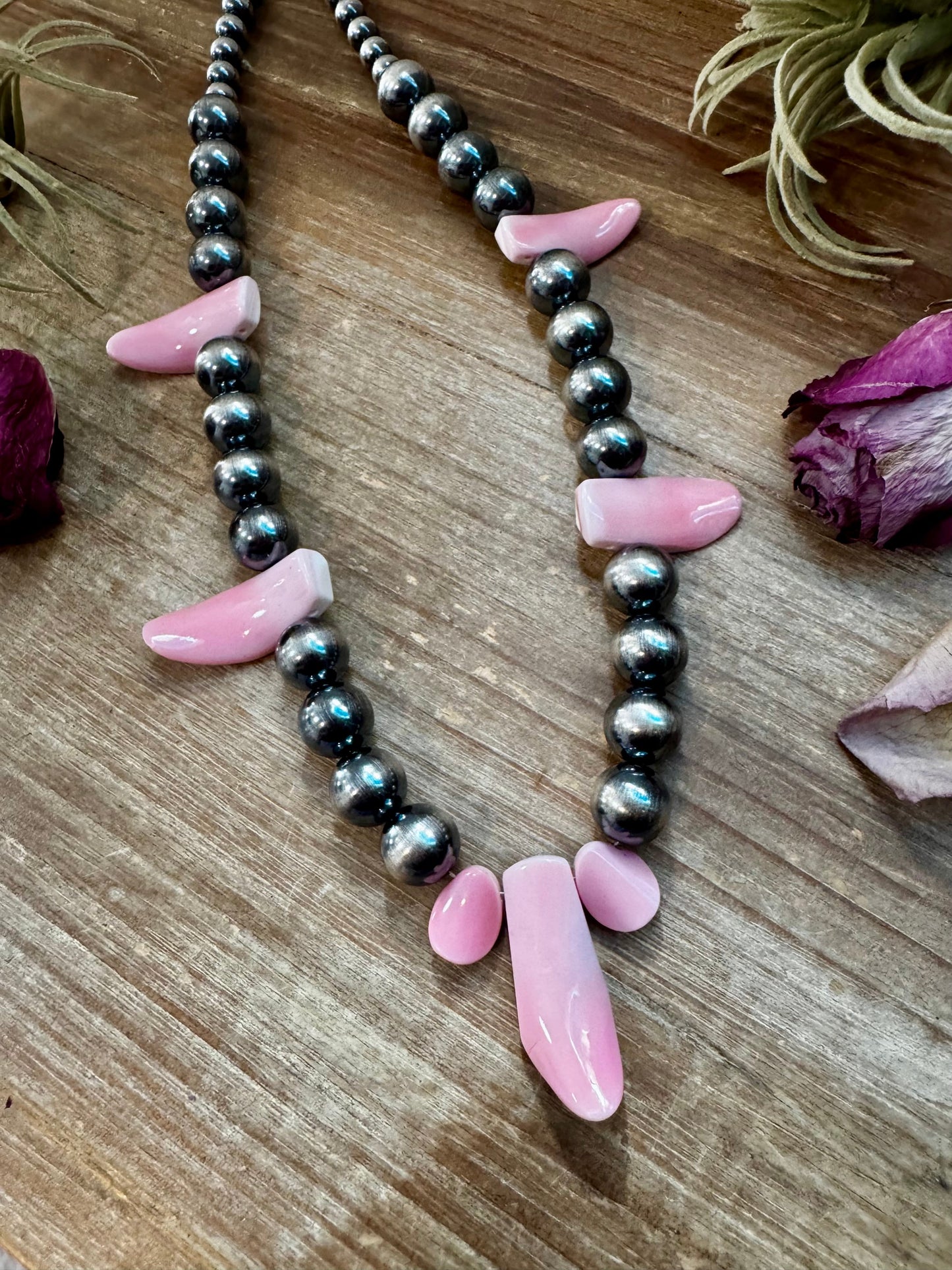 NFR Collection Necklace – 8mm & 14mm Sterling Silver Pearls with Pink Conch Shell – 23"