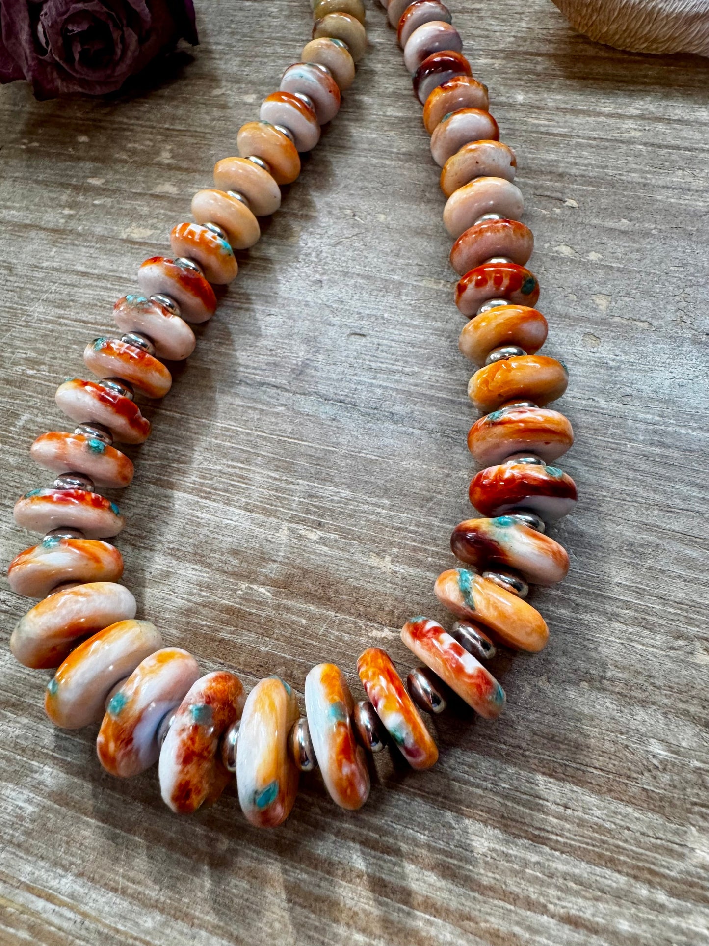 NFR Collection Necklace – Spiny Oyster & Turquoise with 6mm Sterling Silver Pearls – Handmade by The Bijoux FAB – 32.5"