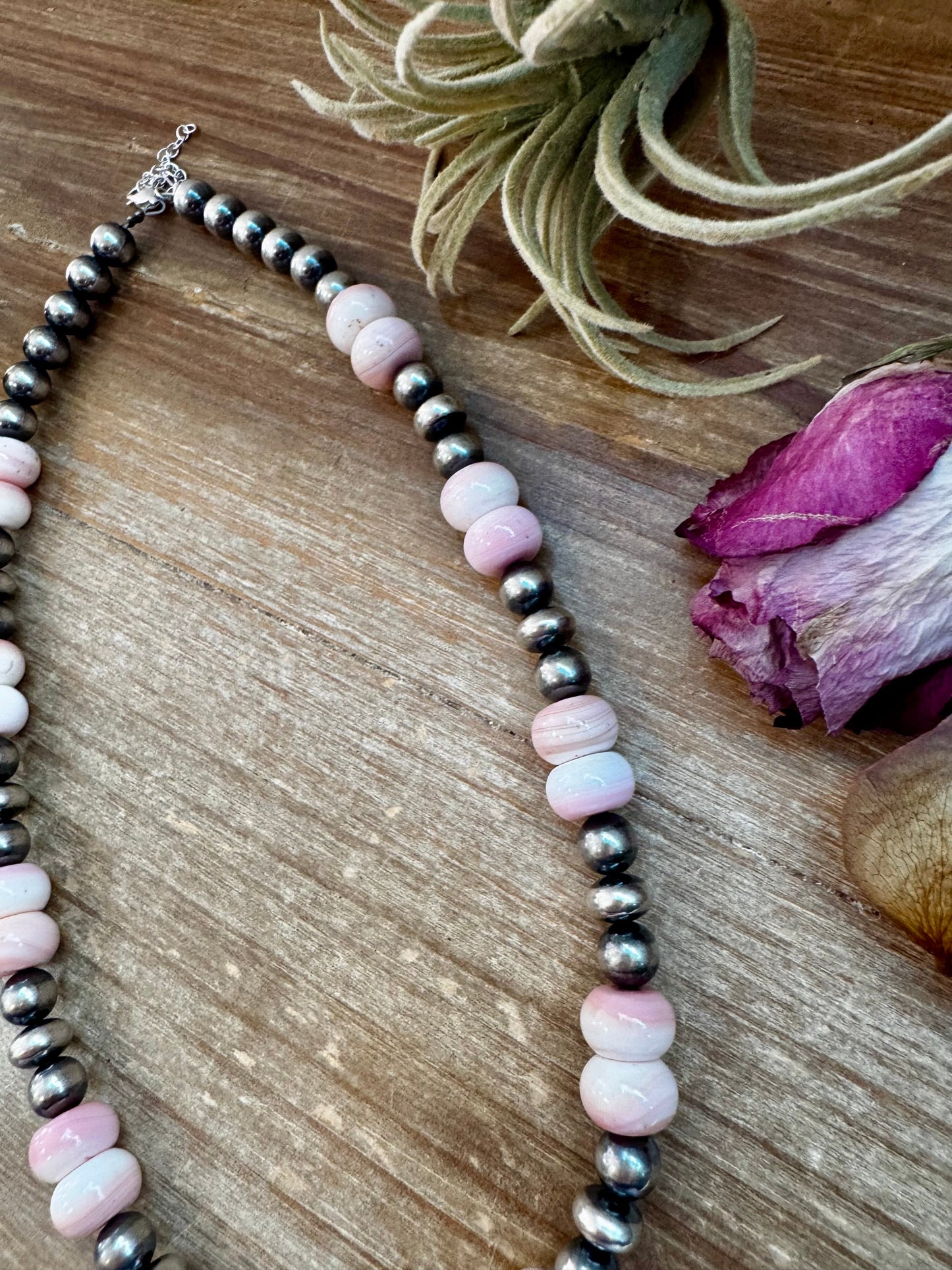 NFR Collection Necklace – 8mm Sterling Silver Pearls with 10mm Pink Conch Rondelles – Handmade by The Bijoux FAB – 19"