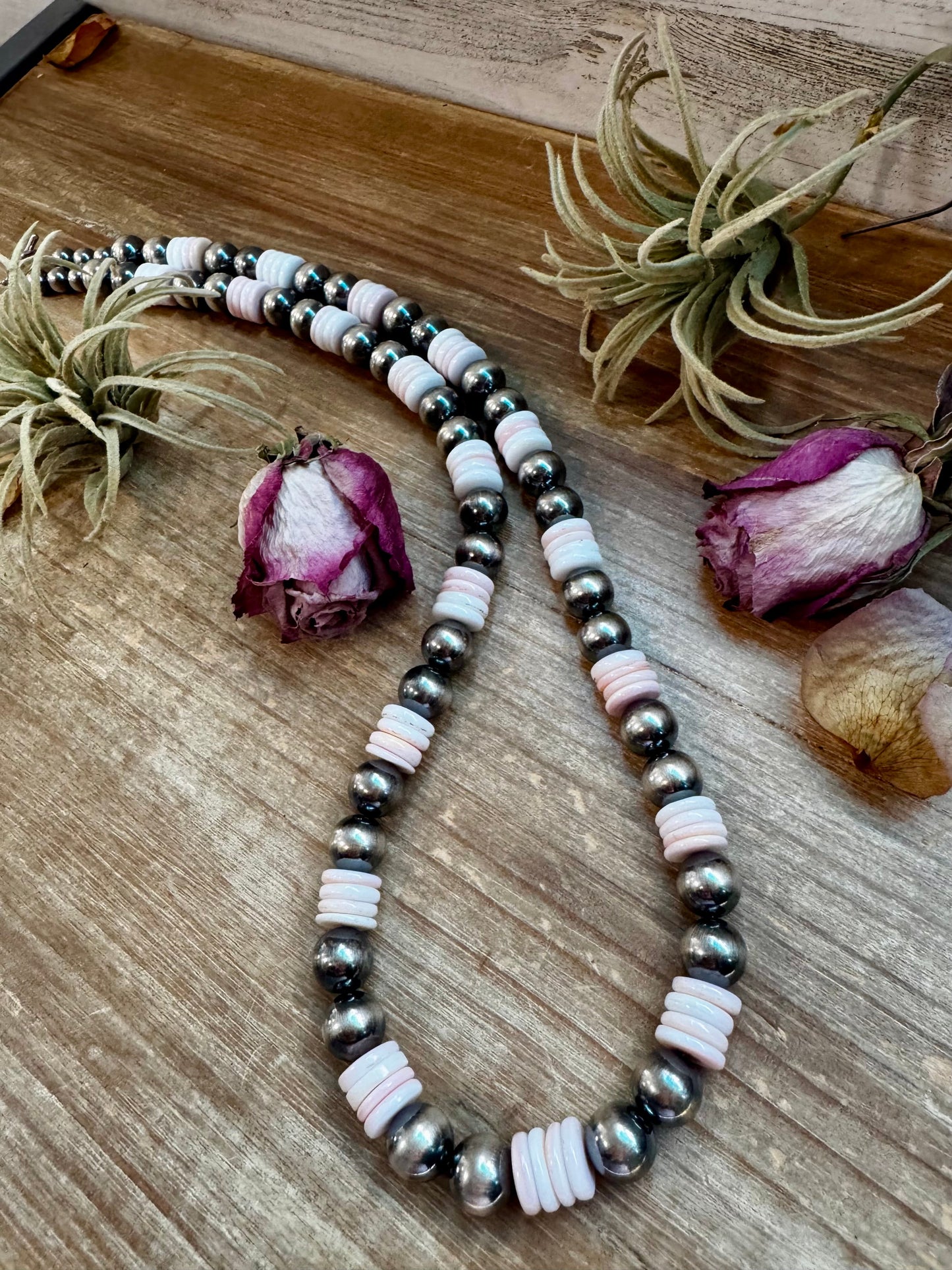 NFR Collection Necklace – 12mm Sterling Silver Pearls with 10mm Pink Conch Rondelles – Handmade by The Bijoux FAB – 30"