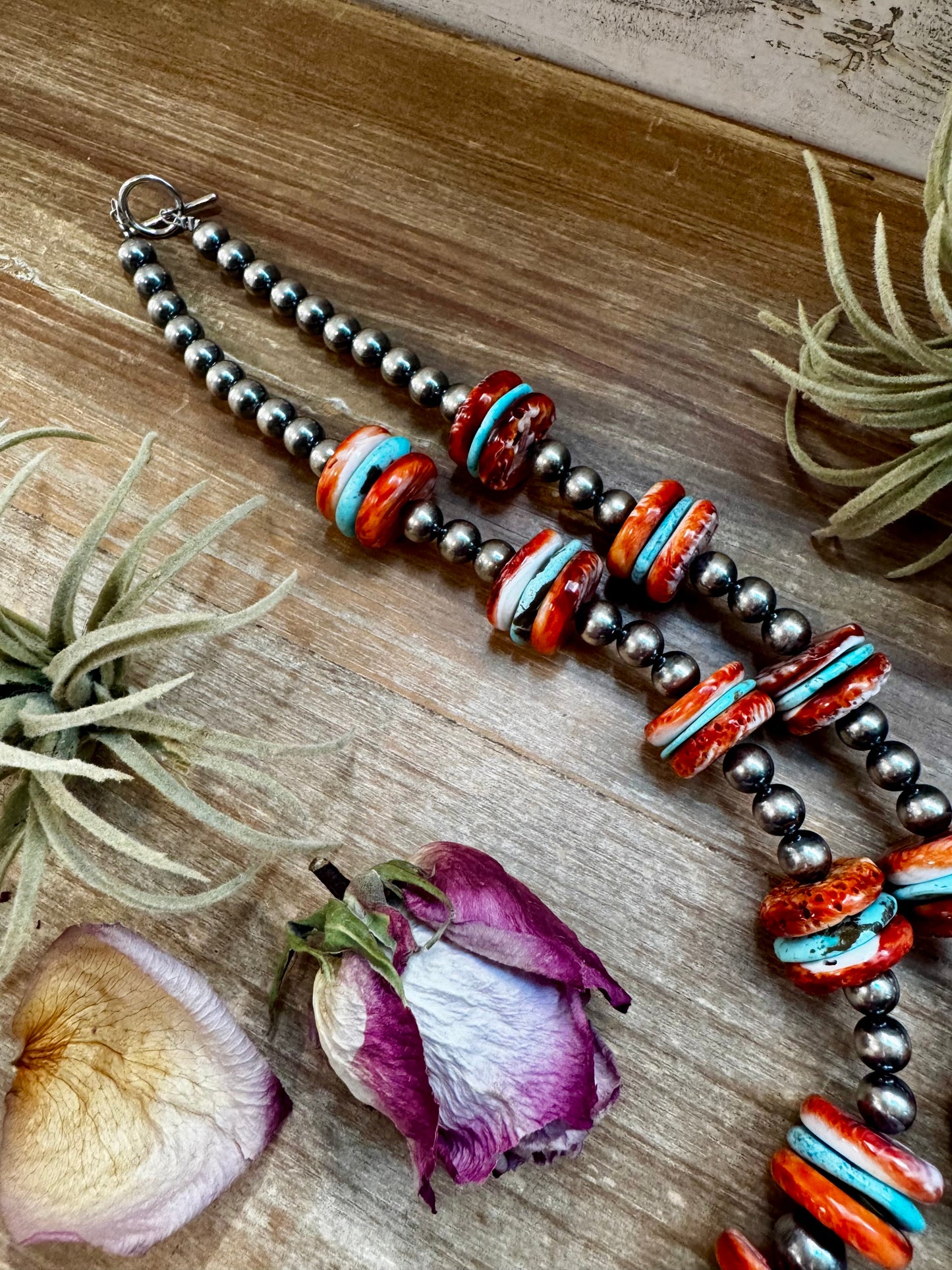 NFR Collection Necklace – Sterling Silver Pearls with Blue Turquoise & Spiny Oyster – Handmade by The Bijoux FAB – 29"