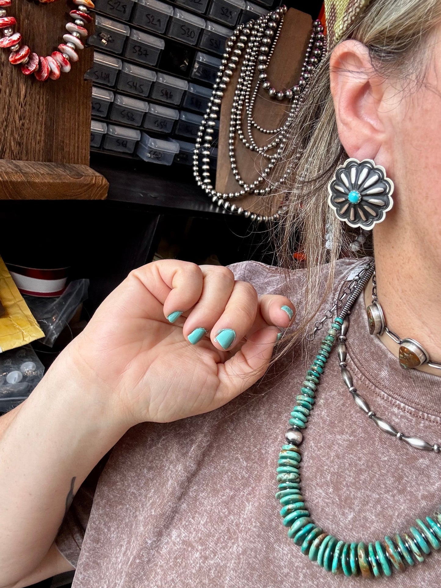 Large Concho Stud Earrings – Turquoise & Sterling Silver