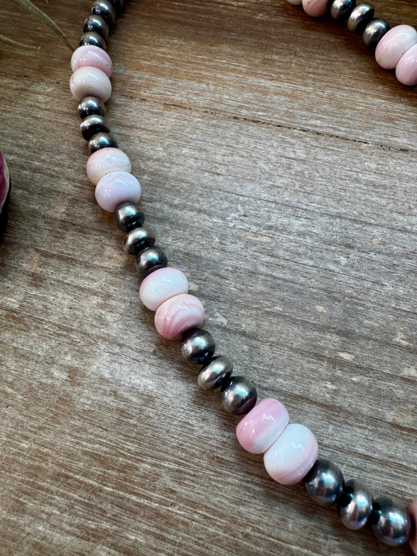 NFR Collection Necklace – 8mm Sterling Silver Pearls with 10mm Pink Conch Rondelles – Handmade by The Bijoux FAB – 19"
