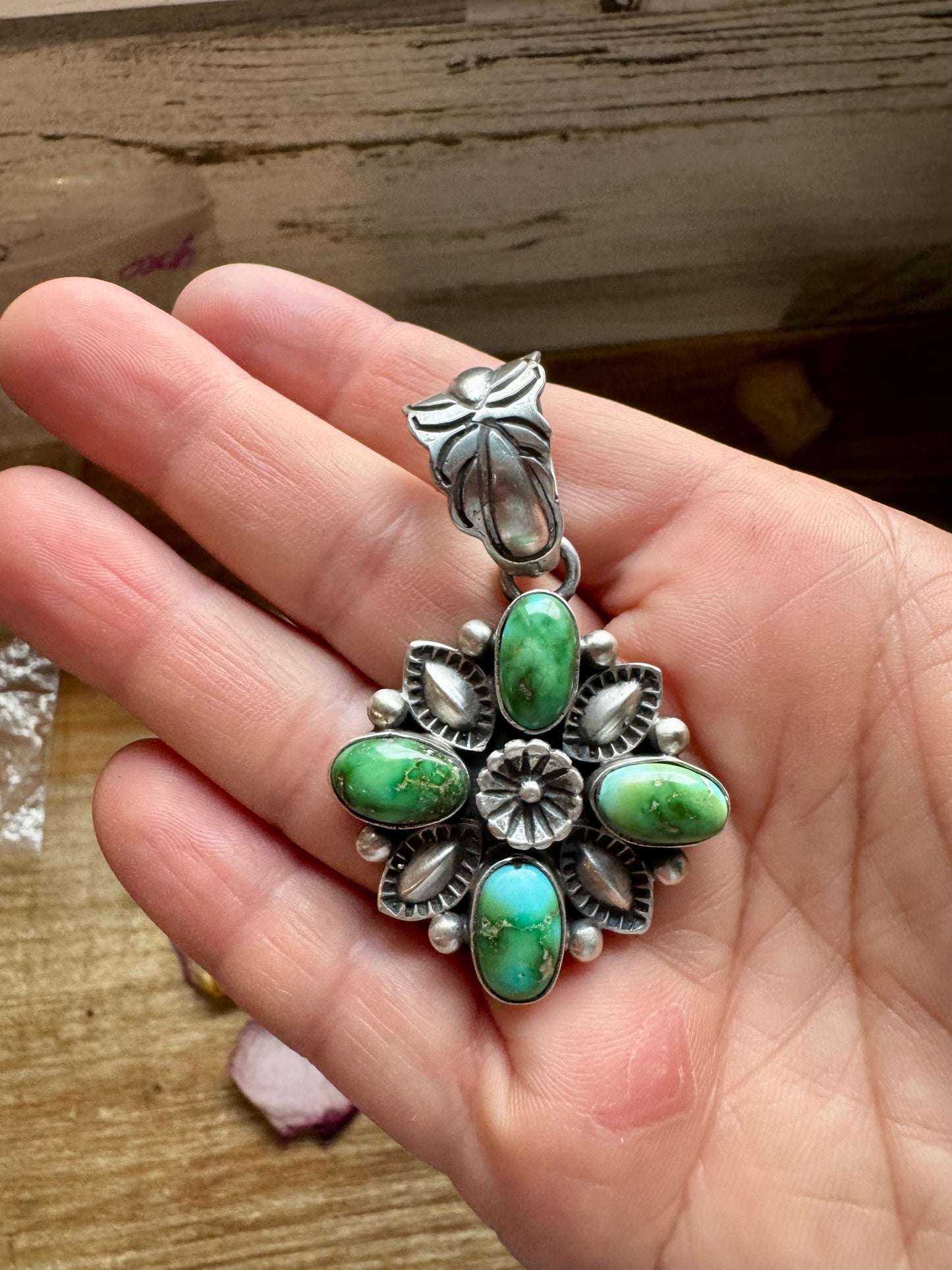 Flower Pendant with Sonoran Gold Turquoise – Option 2 – Sterling Silver