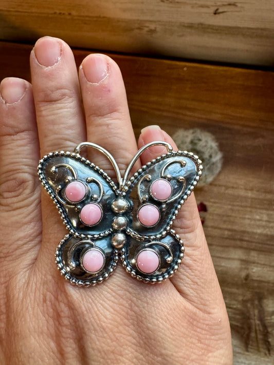 Butterfly ring -size 7.5 - pink conch and sterling silver