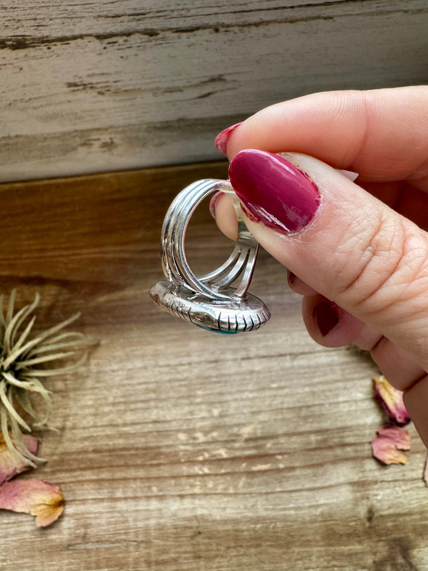 Long Ring- size 8- Kingman turquoise ring and sterling silver