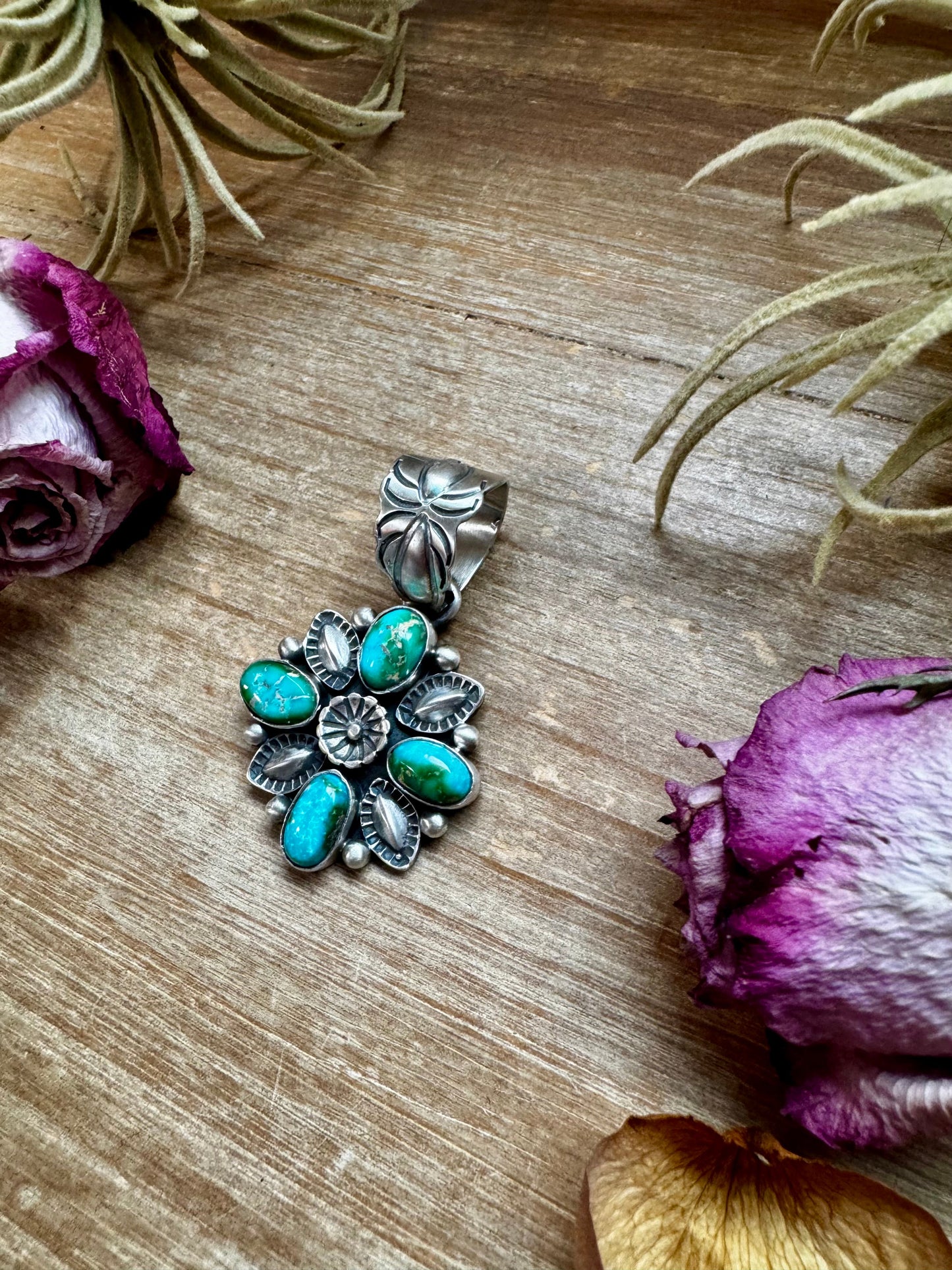Flower Pendant with Sonoran Gold Turquoise – Sterling Silver – Native Made by Charles Johnson – Fits 10mm