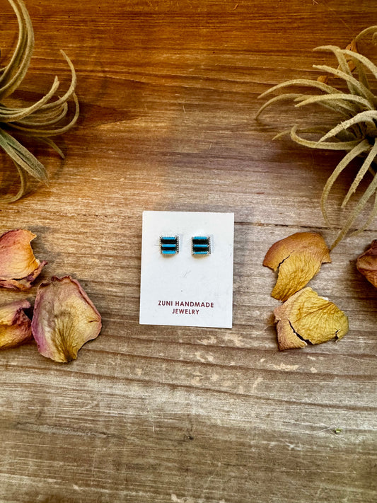 Zuni-Made Kingman Turquoise Square Stud Earrings by Davis Kaamasee – Sterling Silver