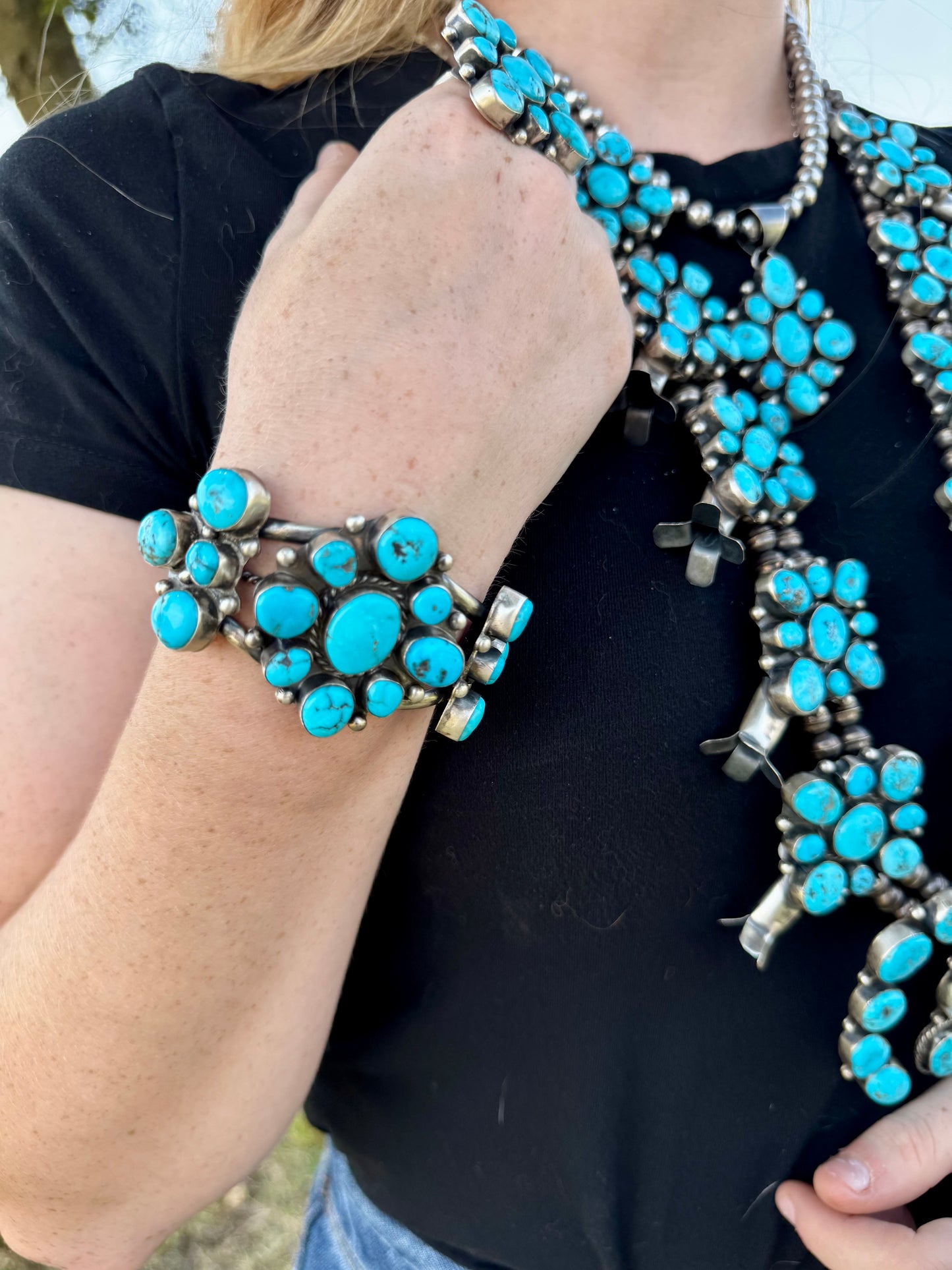 Complete Squash Blossom Set – Kingman Turquoise – Sterling Silver – Navajo Made by Wilson Dawes