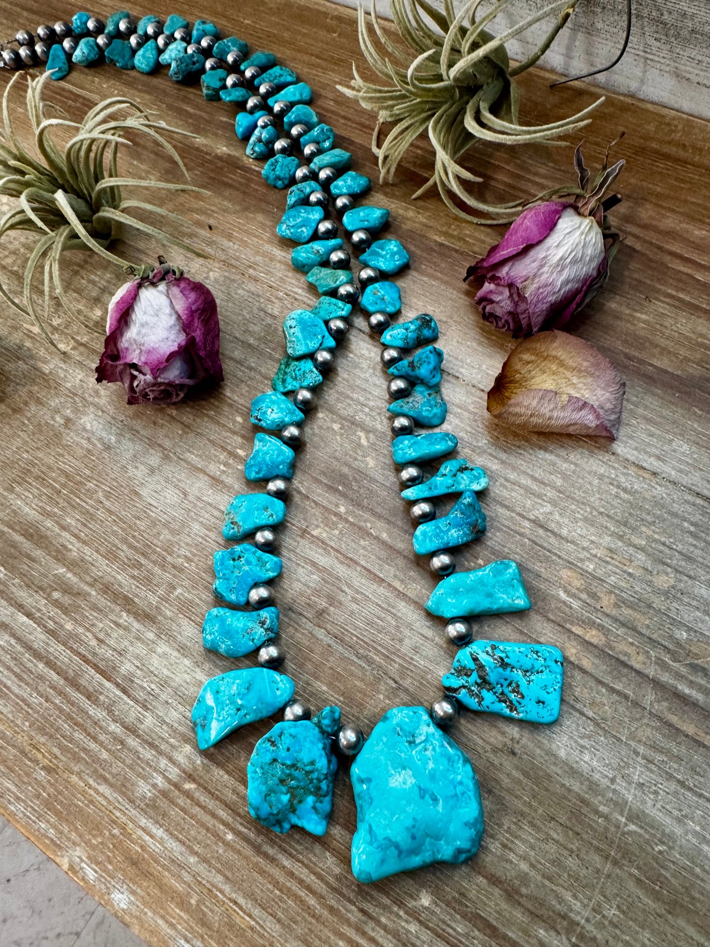 NFR Collection Necklace – 8mm Sterling Silver Pearls with Graduated Turquoise – Handmade by The Bijoux FAB – 34"