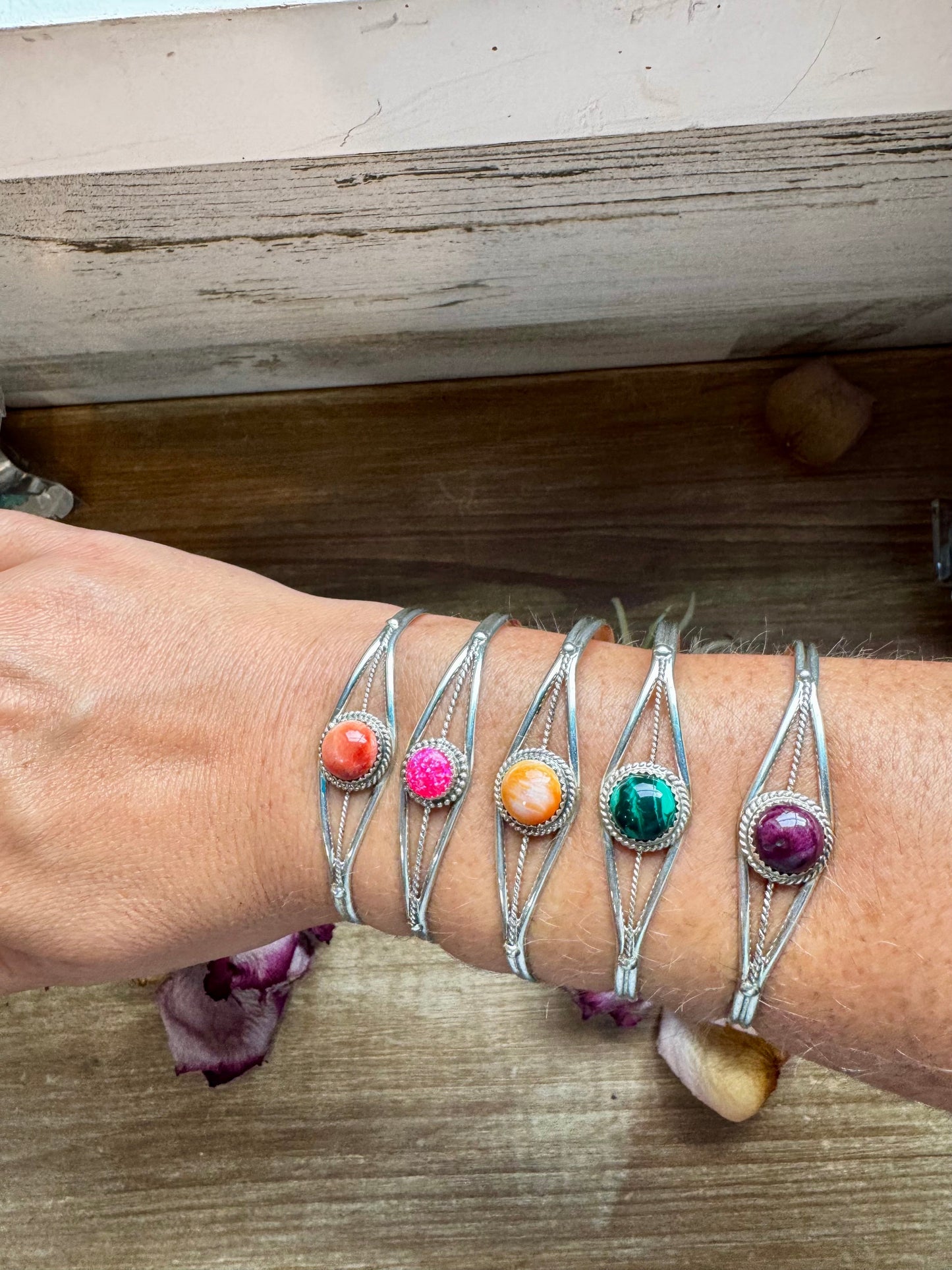 Multistone Cuff Bracelet – Malachite, Spiny Oyster, or Pink Opal – Sterling Silver - pick yours