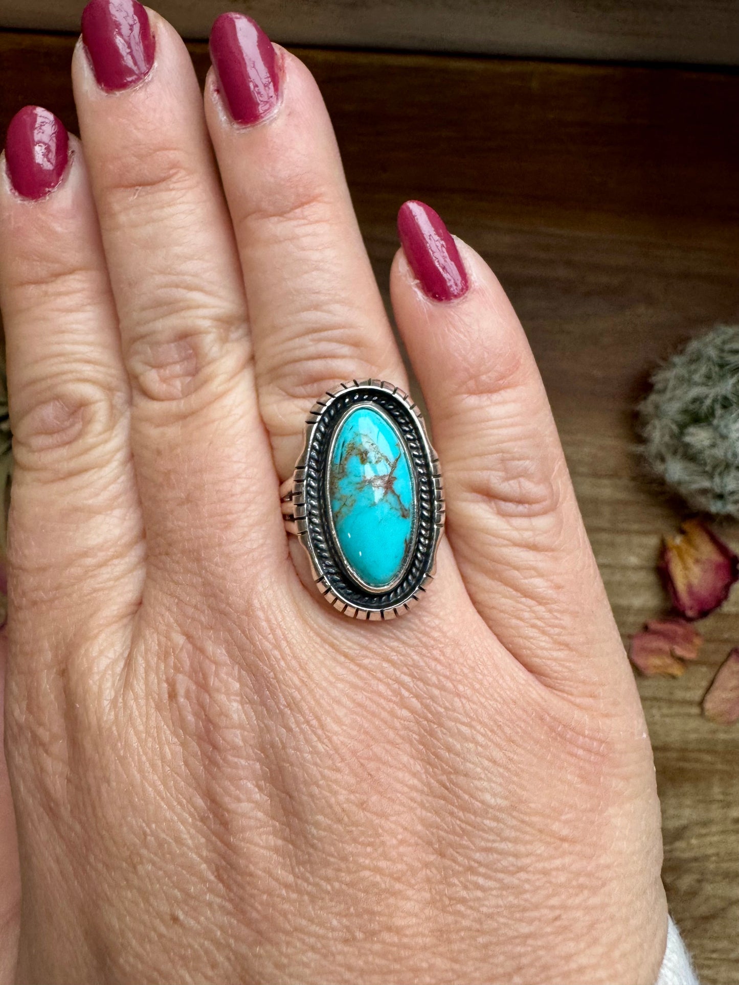 Long Ring- size 8- Kingman turquoise ring and sterling silver