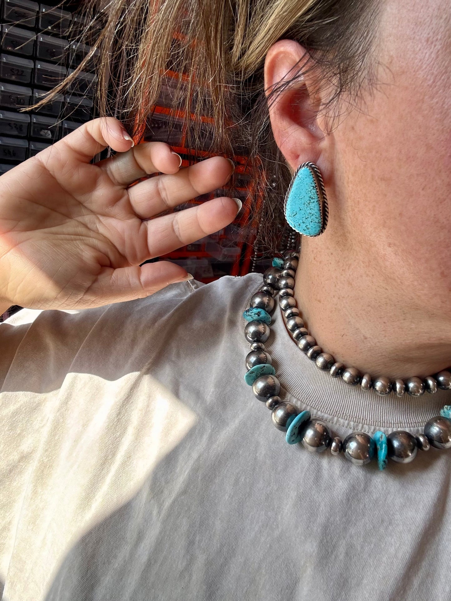 Kingman Turquoise Earrings – Sterling Silver – Handmade by Donovan Nez, Navajo Artist