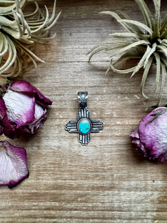 Zia Symbol Pendant with Sonoran Gold Turquoise – Sterling Silver – Native Made by K. Billah – Fits 8mm